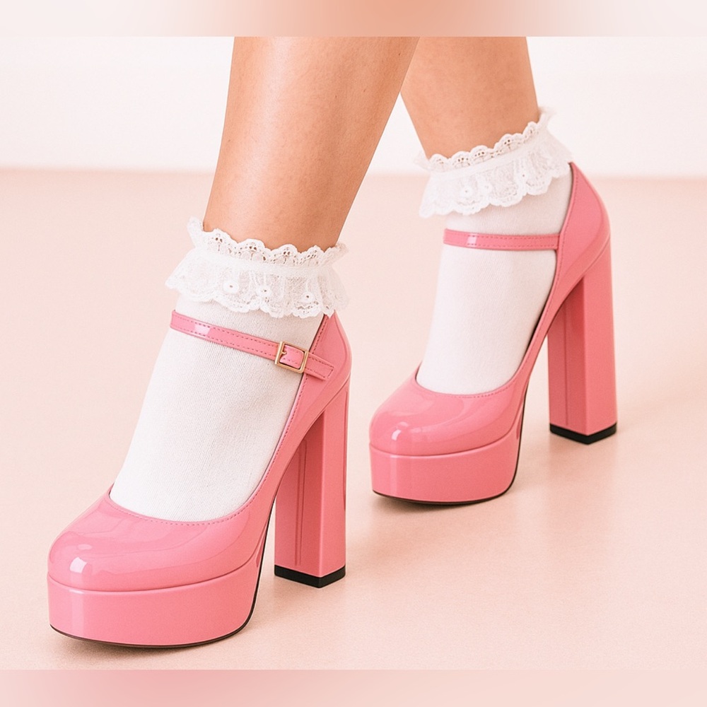 PAOLO Mary Jane’s pink stacked high heels ankle straps cute dance girly club 6.5